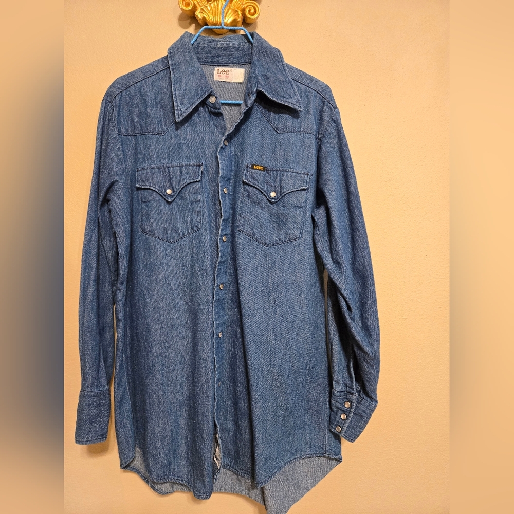 Lee Vintage Made In USA Denim Pearl Snap Western  Shirt 16 - 33  EUC